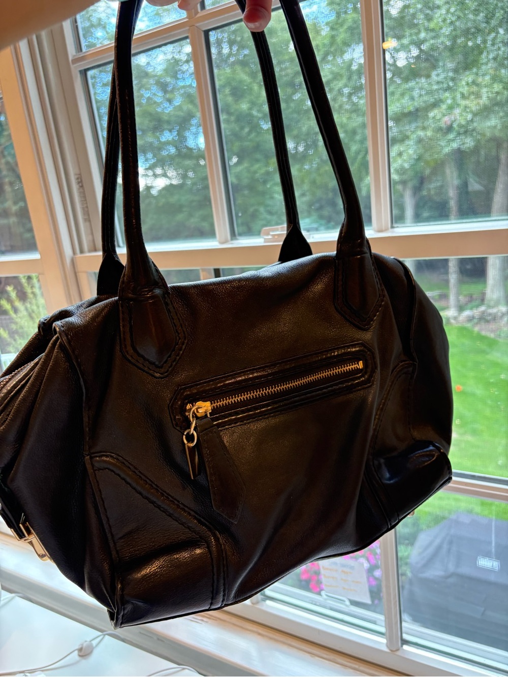 Classic Black Leather Tote Bag with Front Zip Pocket